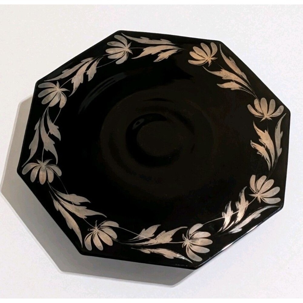Vintage 1930s Black Amethyst Glass Cake Stand Octagonal Silver Overlay Art Deco